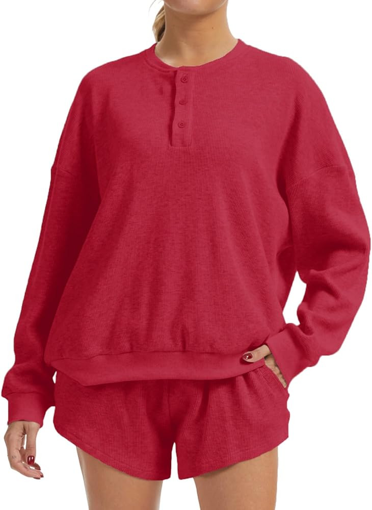 AnotherChill Women's Oversized Waffle Knit Lounge Set Long Sleeve Sweatshirt and High Waisted Sho... | Amazon (US)