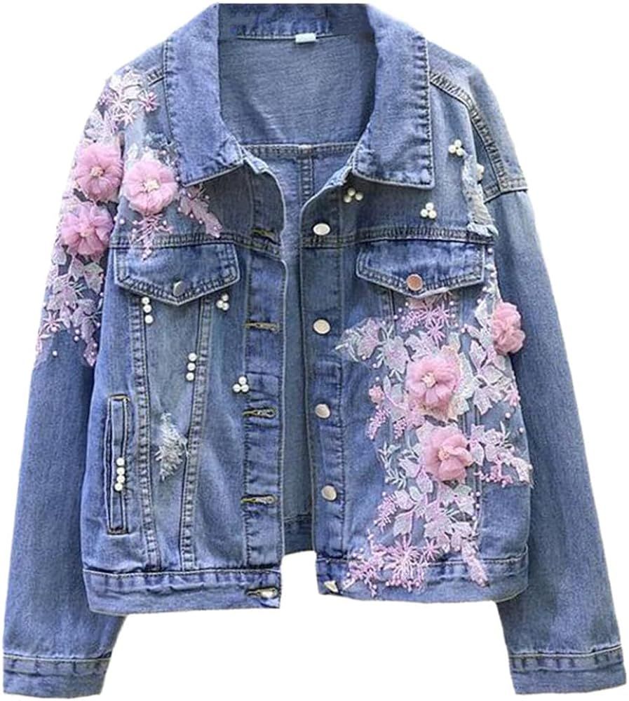 Spring Autumn Denim Jacket Embroidered Floral Jeans Jacket Beaded Ripped Bomber Jacket | Amazon (US)
