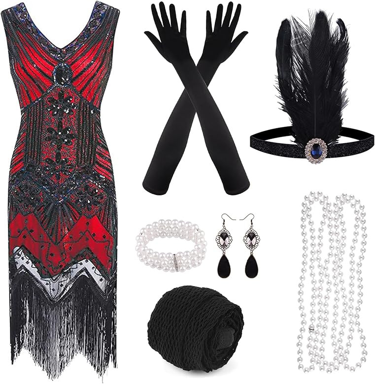 FEPITO 1920s V Neck Sequin Beaded Fringed Dress with 20s Accessories Set | Amazon (US)