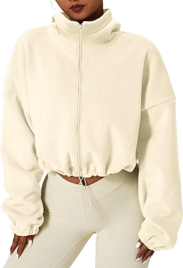 Women's Fleece Jacket Winter Full Zip Cropped Jacket Collar Long Sleeve Short Coat | Amazon (US)