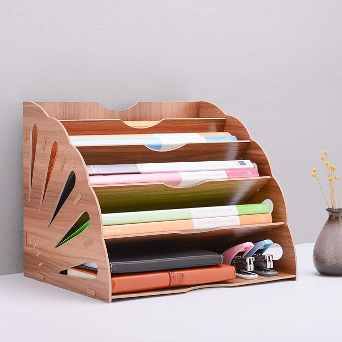 File Folder Holder Wood Organizer 5 Compartment, File Sorter Wood Buckle Design Desktop Fan-Shape... | Amazon (US)