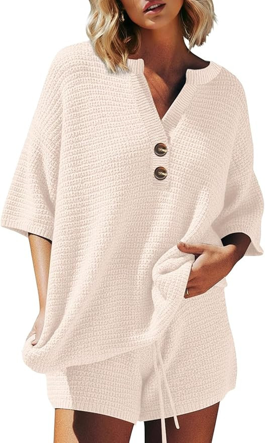 ETCYY NEW Oversized Striped Two Piece Sets for Women 3/4 Sleeve Henley Sweater Top High Waisted S... | Amazon (US)