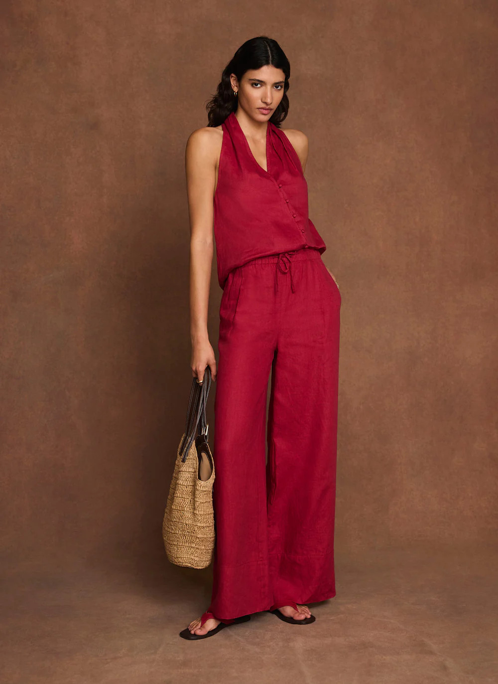 Red Linen Drawstring Wide Leg Trousers | Mint Velvet