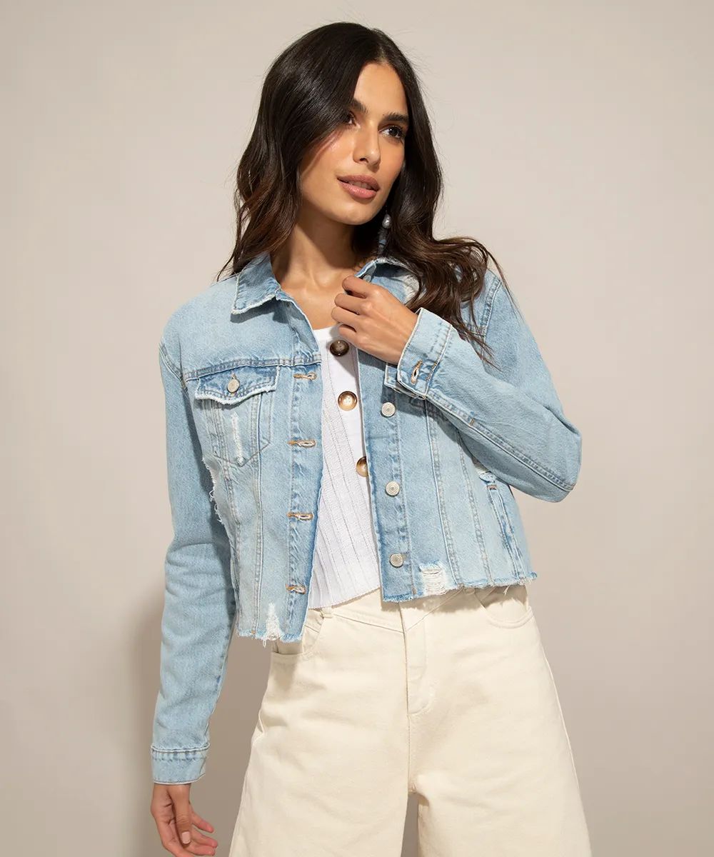 Jaqueta Cropped Jeans Destroyed Azul Claro | C&A (BR)