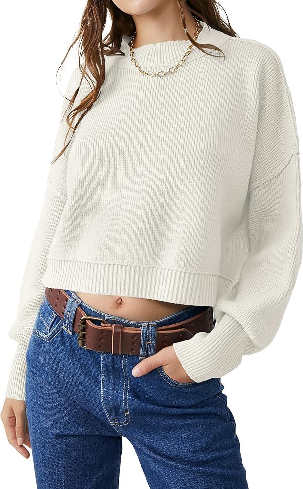 VIUTIL Womens Oversized Cropped Sweater Batwing Long Sleeve Crew Neck Knit Pullover Sweaters Tops... | Amazon (US)