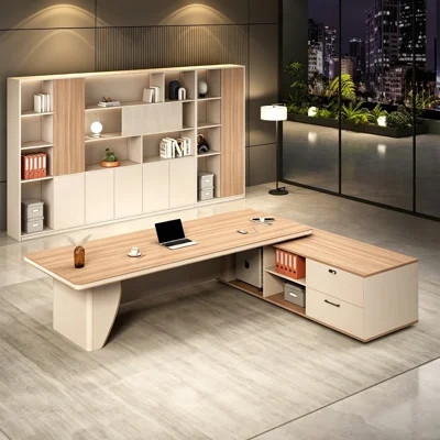 94.49" Modern Light Luxury Executive Desk – Particleboard L-Shaped Corner Desk with Side Cabinet Storage for CEO Office | Wayfair North America