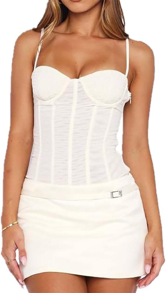 Mesh Corset Tops for Women Push up Bustier Slim Fitted Going Out Top | Amazon (US)