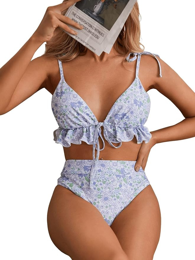 SweatyRocks Women's 2 Piece Bathing Suit Floral Print Tie Ruffle Hem Top High Waisted Bikini Swim... | Amazon (US)