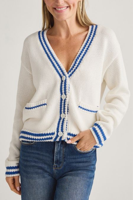 Cardigan sweater varsity style now back in stock! Preppy style, summer sweater, summer outfit 

#LTKStyleTip #LTKOver40