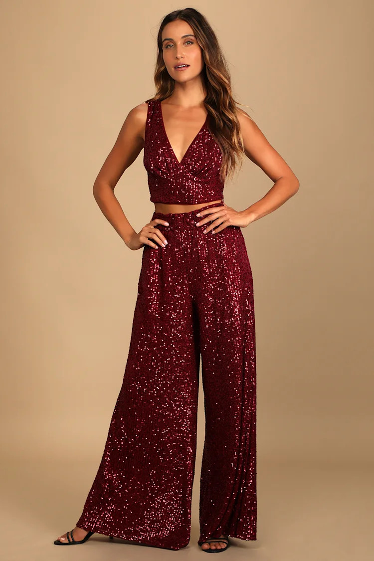 Flawless Sparkle Wine Red Sequin Wide-Leg Pants | Lulus