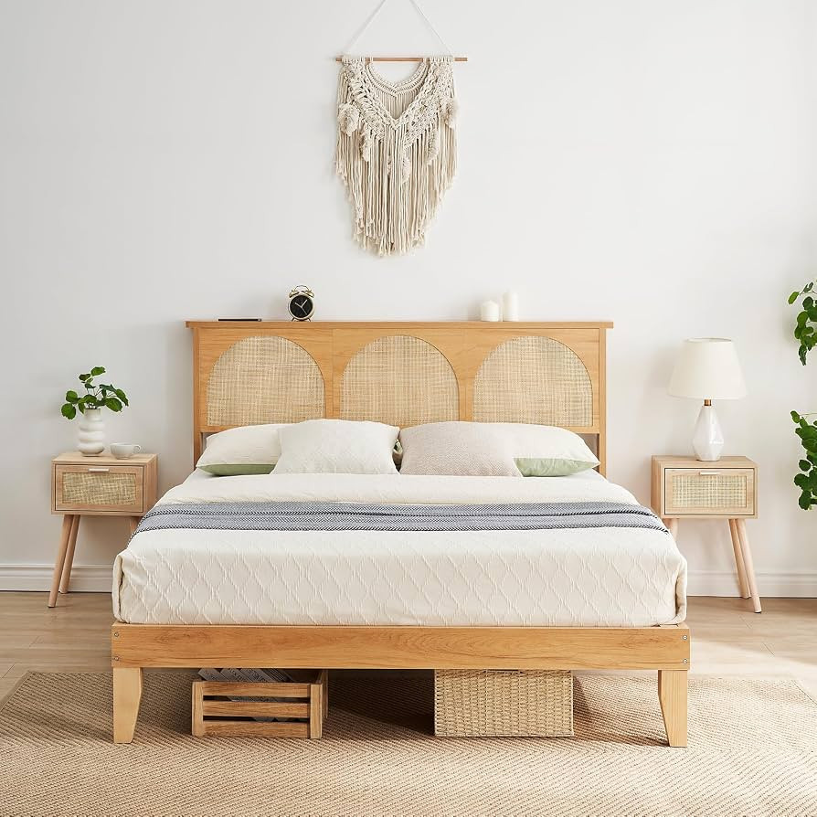 Boho Rattan Bed Frame, Queen Wooden Bed Platform with Storage, Smart RGB LED Natural Rattan Headb... | Amazon (US)