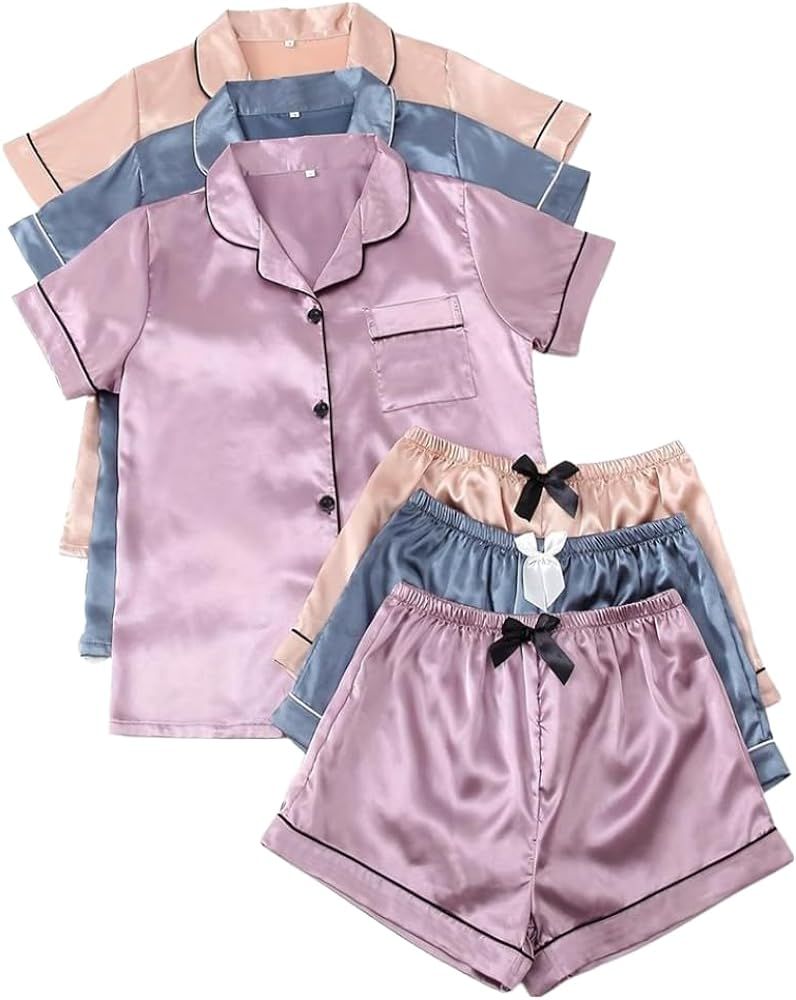 Soft Satin Women's 6pcs Contrast Binding Short Sleeve Shirt & Bow Decor Elastic Waist Shorts Home... | Amazon (US)