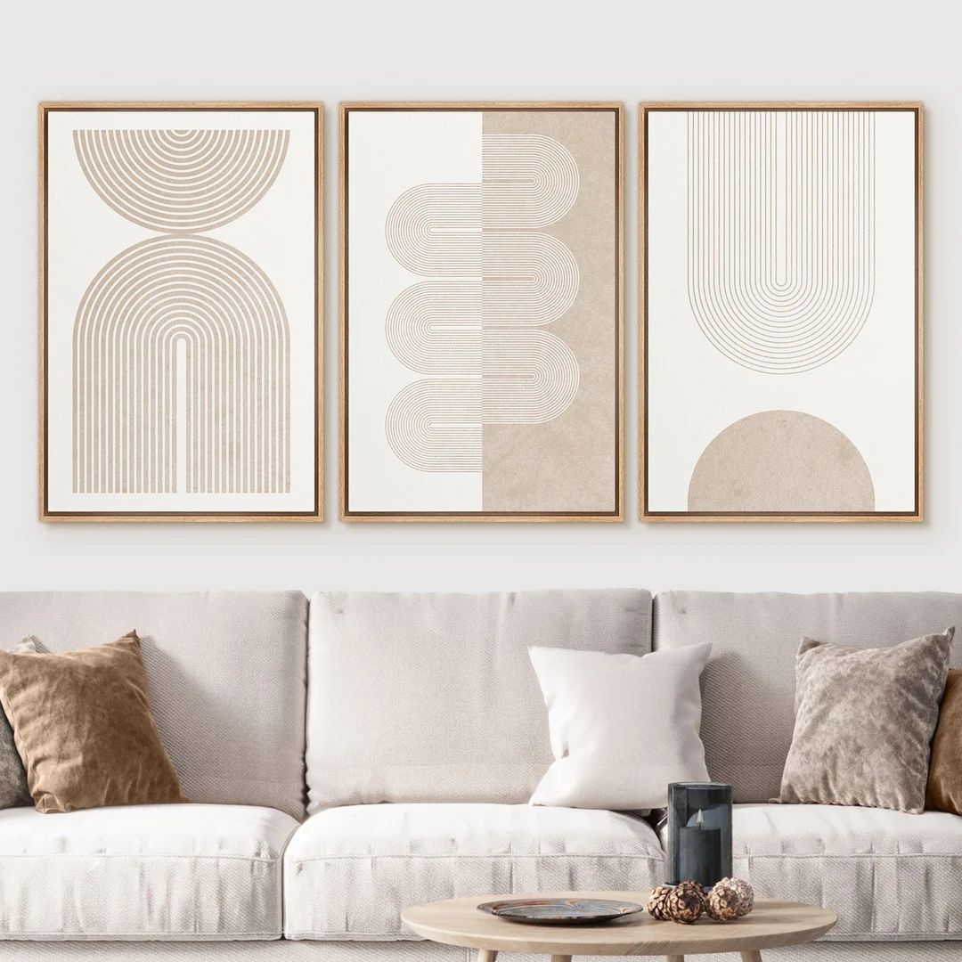 Framed Canvas Wall Art Set of 3 Geometric Beige Spiral Wave Mid Century Modern Organic Abstract N... | Etsy (US)