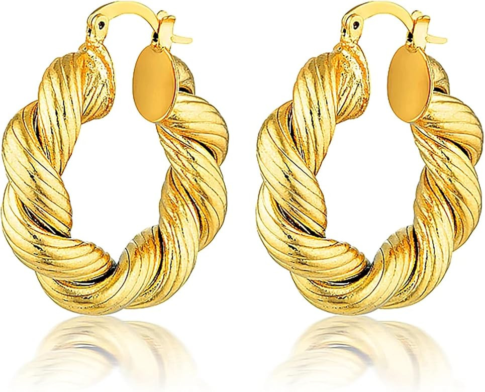 Chunky Gold Hoop Earrings for Women, 14k Gold Plated Thick Triple Twisted Hoop Earrings Hypoallergen | Amazon (US)