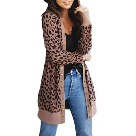 Women's Leopard Cardigan Casual Warm Open Front Overcoat Buttons Outerwear | Walmart (US)