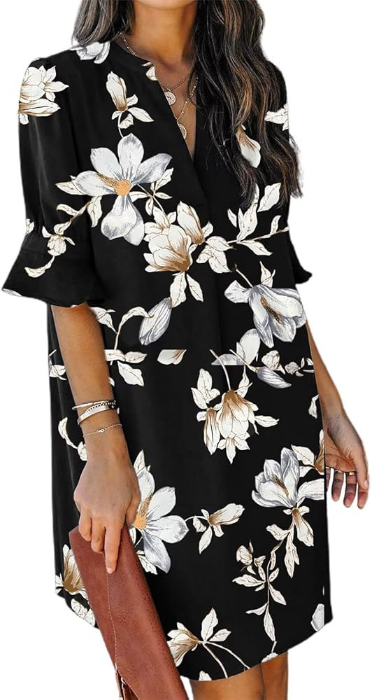 QACOHU Summer Dresses for Women V Neck Ruffle Short Sleeve Casual Shift Dress | Amazon (US)