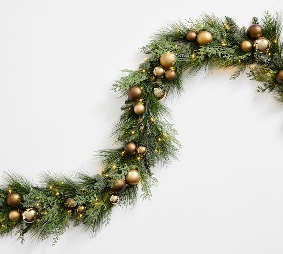 Faux Lit Metallic Ornament Pine Wreath &amp; Garland | Pottery Barn (US)