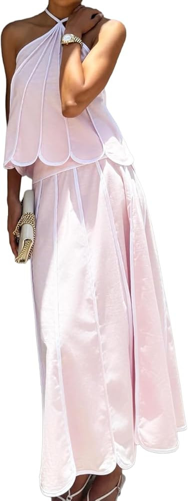 THLAI Women Sleeveless 2 Piece Outfits Halter Neck Scallop Edge Top & Maxi Skirt Set Sweet Going ... | Amazon (US)