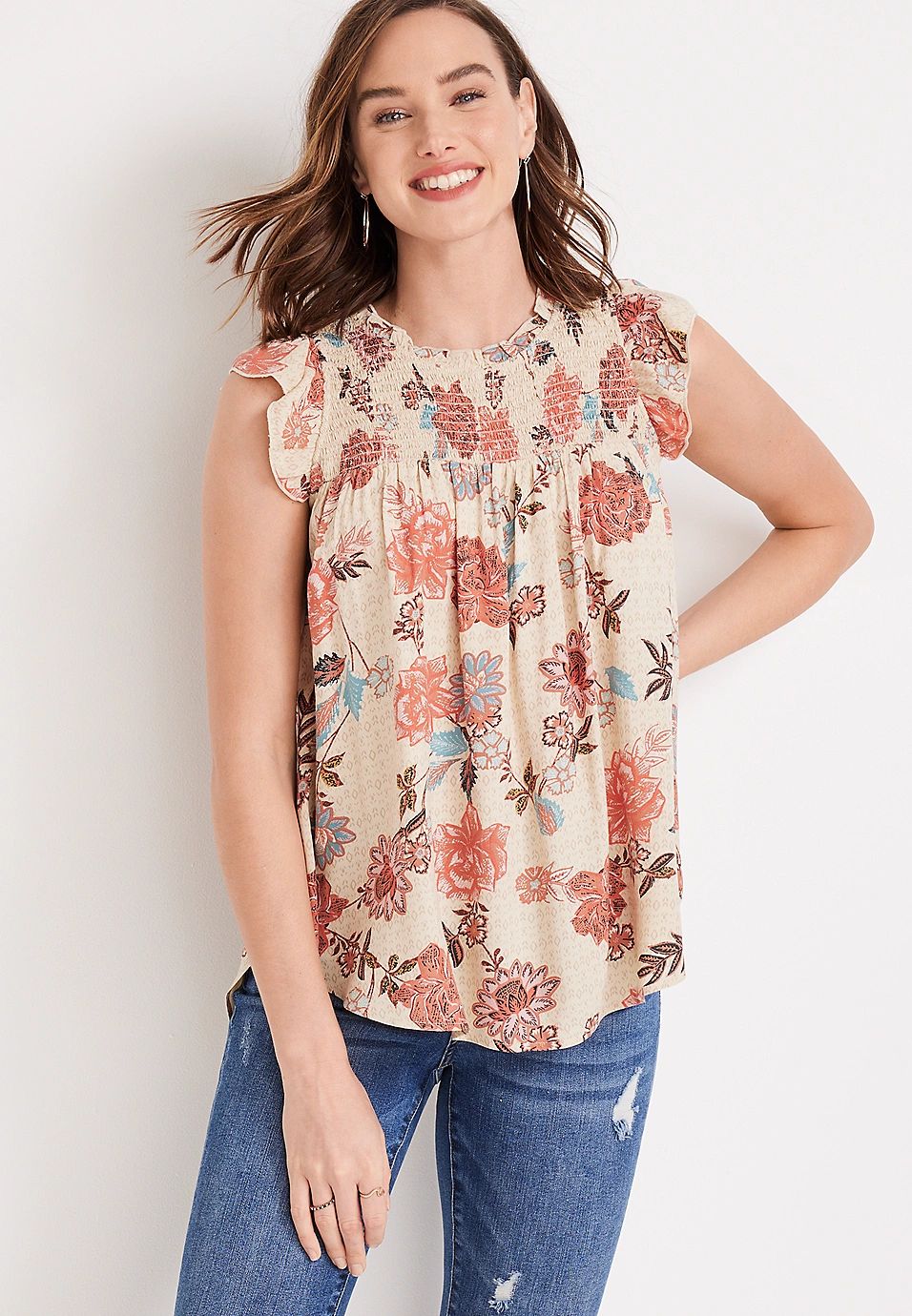 Floral Smocked Flutter Sleeve Top | Maurices