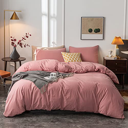 Janlive Washed Cotton Duvet Cover Oueen Ultra Soft 100% Cotton Solid Color Rose Duvet Cover Set with Zipper Closure -3 Pieces Pink Bean Paste Queen | Amazon (US)