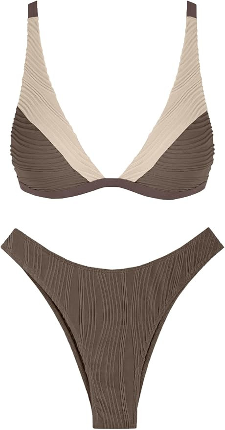 ZAFUL Bikini Sets for Women Triangle Textured Plunging High Cut Cheeky Bikini Swimsuits Two Piece... | Amazon (US)