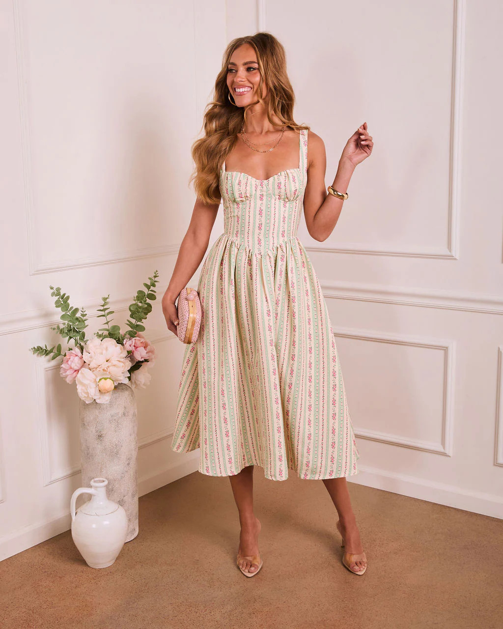 Sunlit Willow Floral Sweetheart Midi Dress | VICI