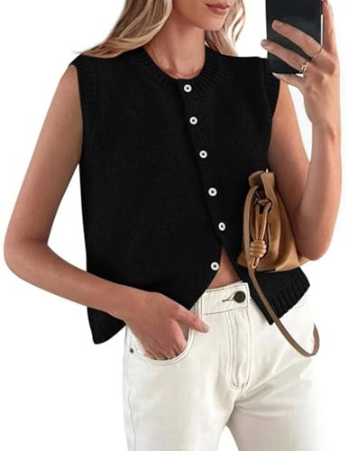 PRETTYGARDEN Sweater Vest Tops for Women 2026 Lightweight Summer Cardigan Sleeveless Button Up Knit Casual Spring Clothes (Black,X-Large) | Amazon (US)
