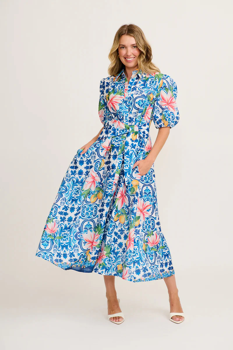 Belle Maxi Shirt Dress in Blue Tile Print | St Frock | St.Frock AU