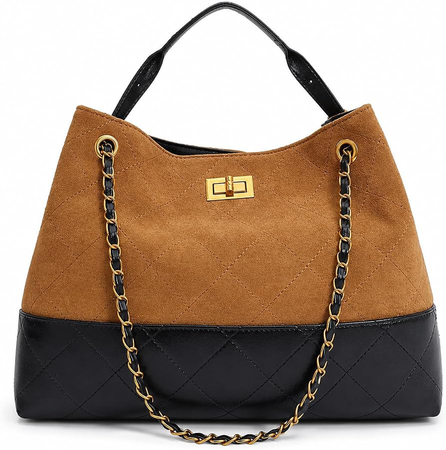 Quilted Two-Tone ToteBag For Women Faux Soft Leather Suede Purse Trendy Vintage Casual Shoulder H... | Amazon (US)