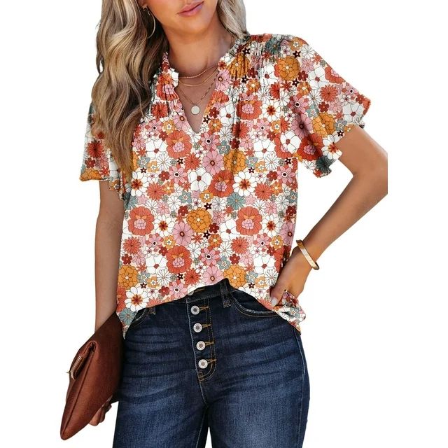 EVALESS Summer Blouses for Women Boho Floral Print Smocked Tops Casual V Neck Short Sleeve T Shir... | Walmart (US)