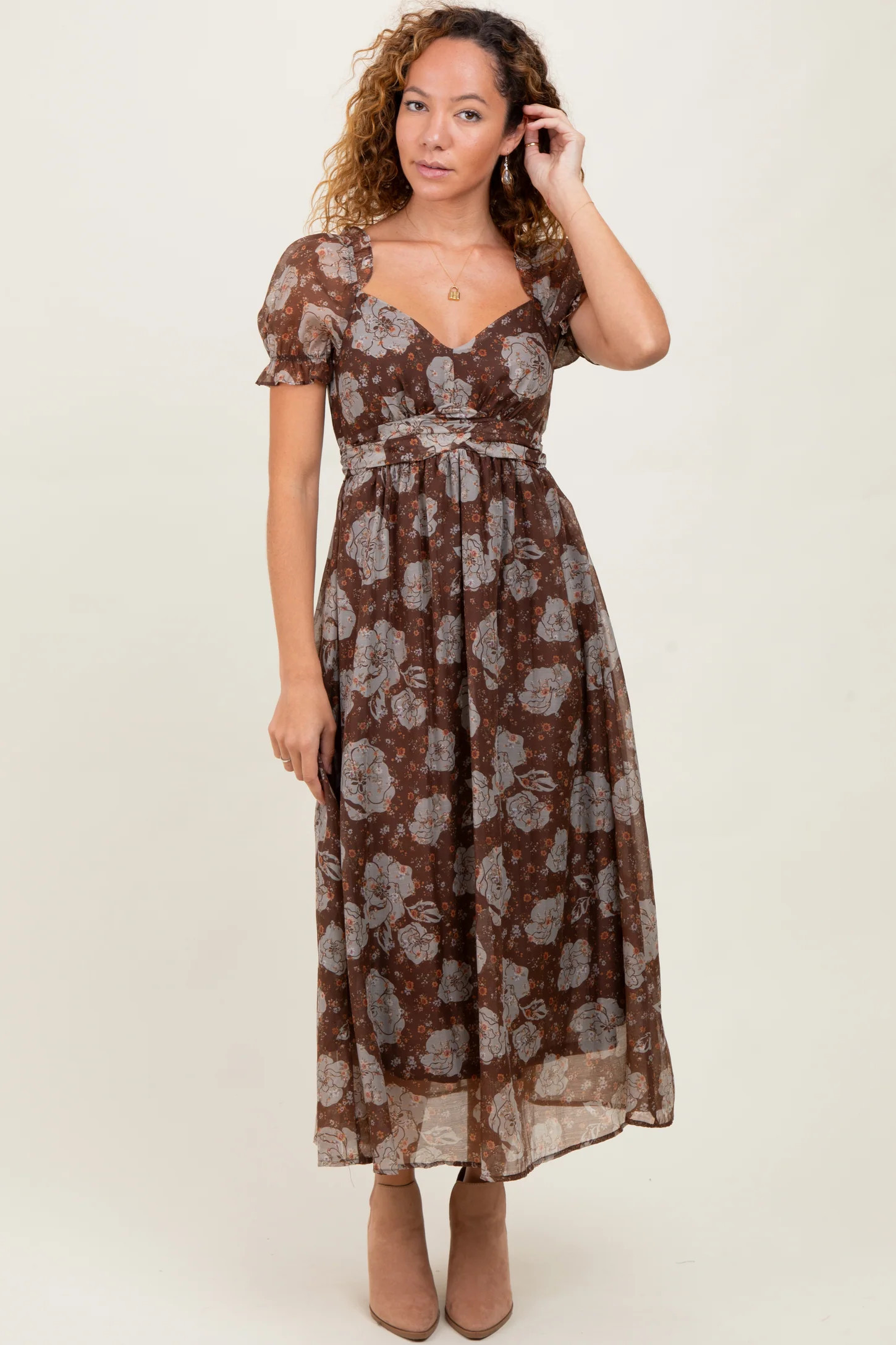 Brown Floral Chiffon Sweetheart Neckline Midi Dress | PinkBlush Maternity