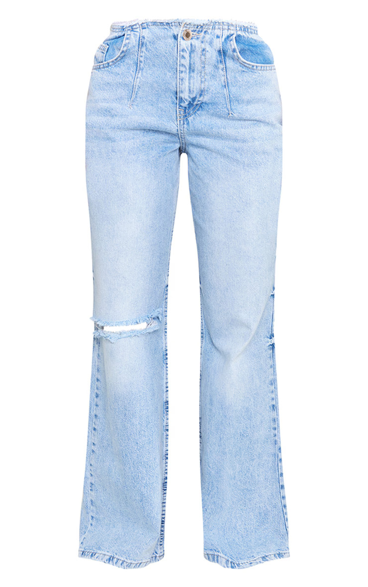 Light Blue Wash Fray Waist Low Rise Wide Leg Jeans | PrettyLittleThing UK