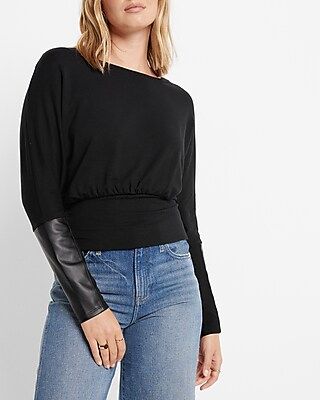 Solid Faux Leather Cuff Sweatshirt | Express