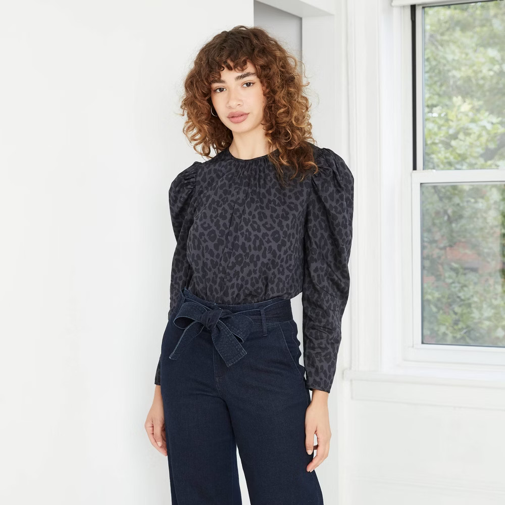 Women's Leopard Print Puff Long Sleeve Top - A New Day Black M | Target