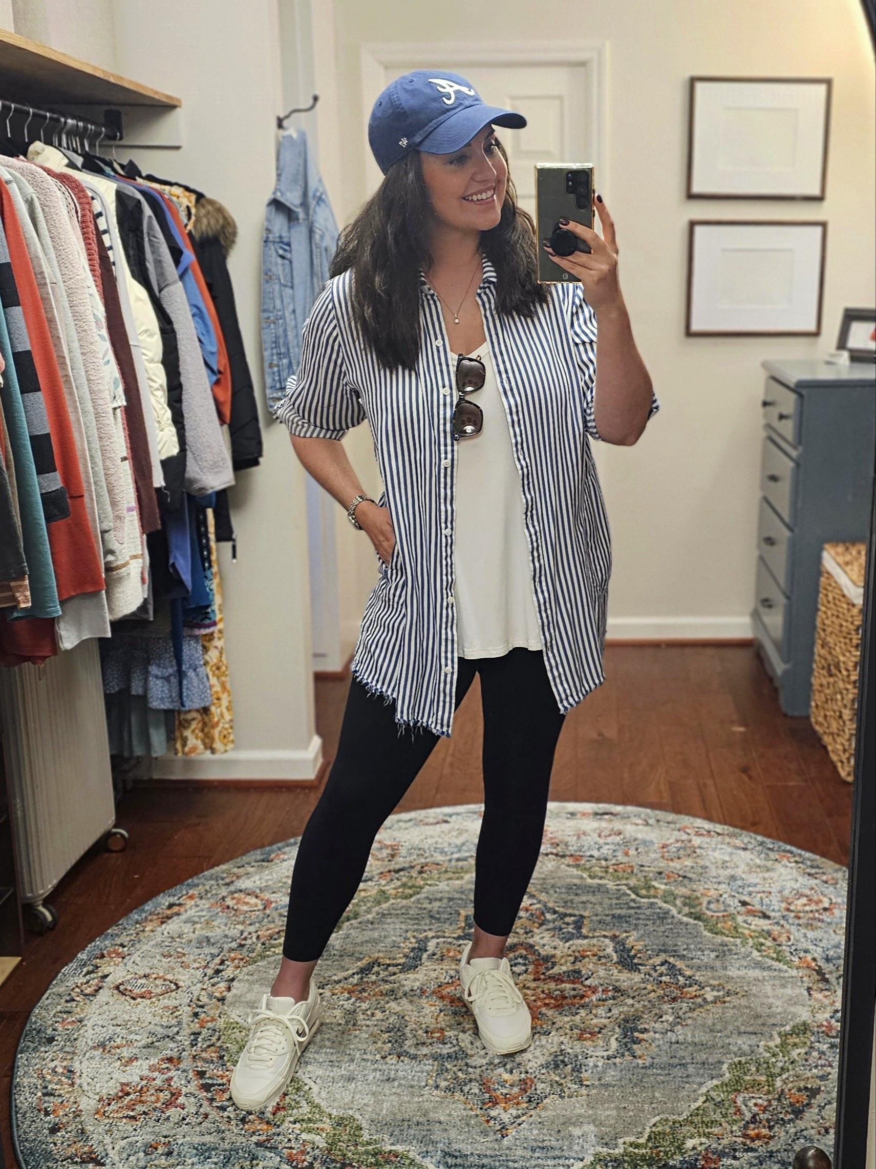 Baseball mom OOTD. I thrifted my Tommy Bahama top for $4.99, but it's still available for $110 in XS if you want it! 😝 Otherwise, I've linked some great dupes to get this look! Get your own teams' colors for game day!!😃Baseball mom, sports mom, Tommy Bahama, travel ball mom, leggings, Nike Air Max, White sneakers

#LTKsalealert #LTKmidsize #LTKfindsunder50