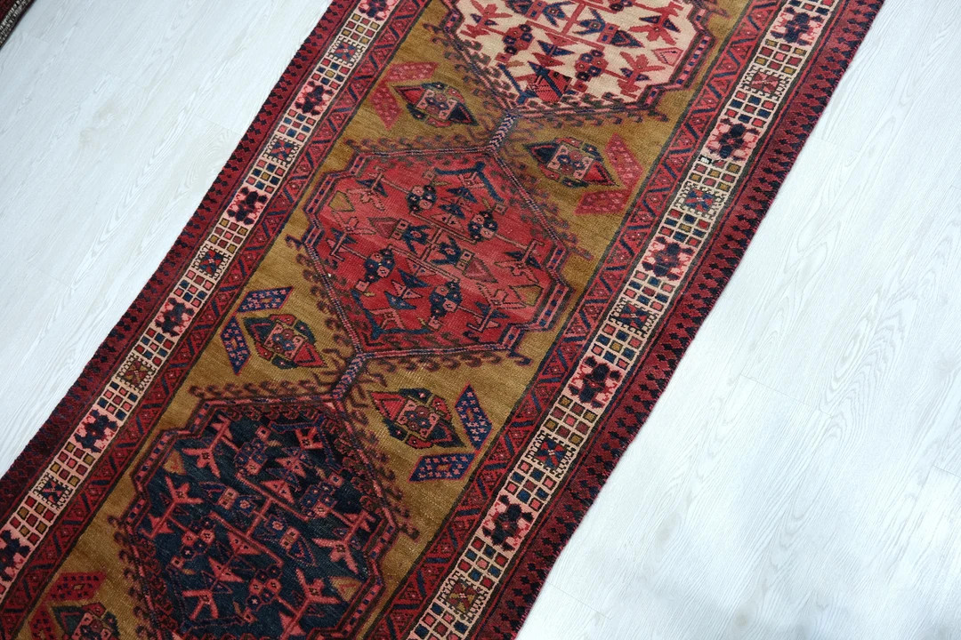 3x9 Red Olive Green Vintage Runner Rug - Oriental Hand Knotted Distressed Wool - Veg Dyed Tribal ... | Etsy (US)