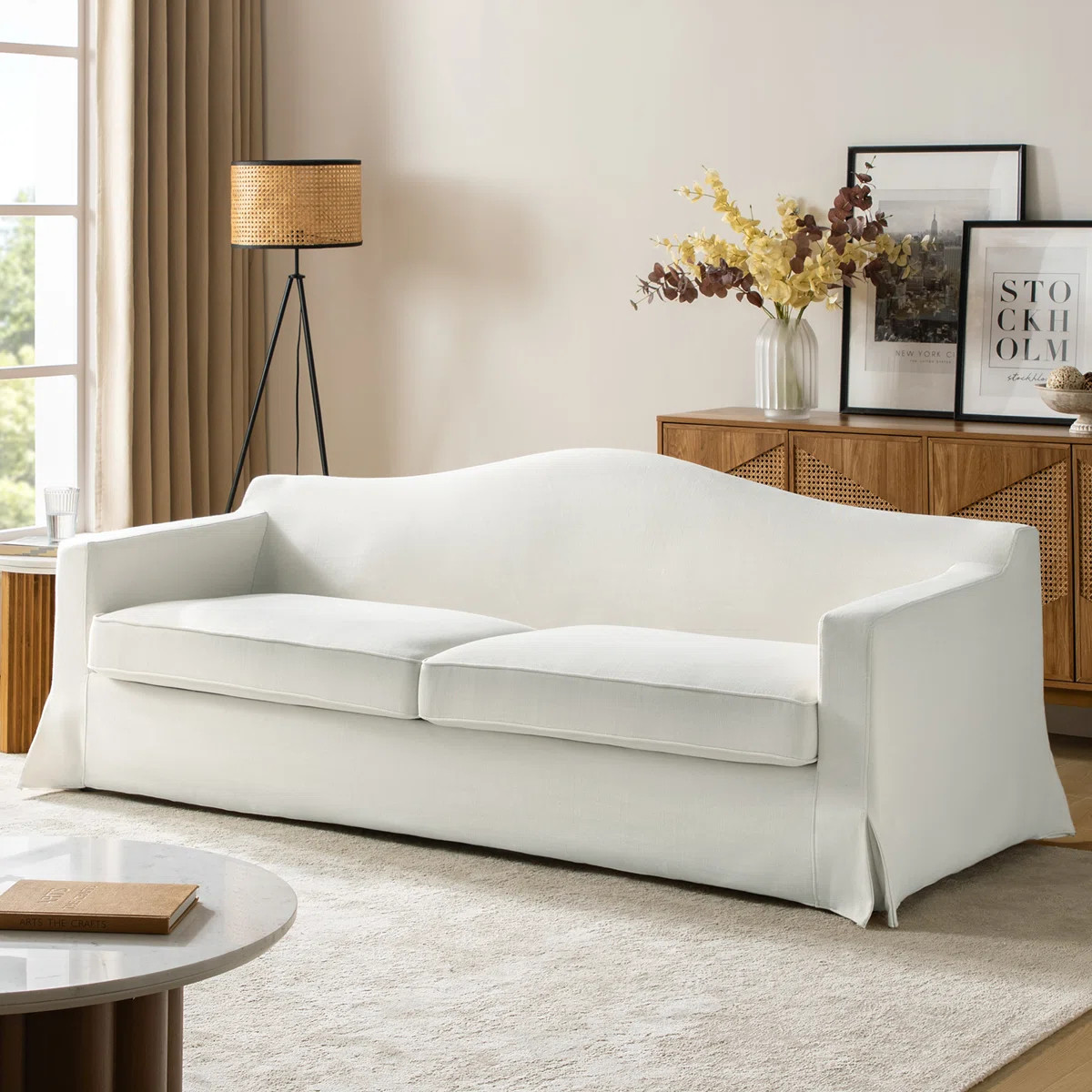 Wimberly Transitional 83" Curved Back Slipcovered Sofa With Toss Pillows | Wayfair North America