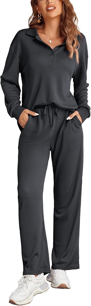 Ekouaer Womens 2 Piece Matching Lounge Sets Fall Outfits 2025 Sweatsuit Waffle Knit Pajamas Sets ... | Amazon (US)