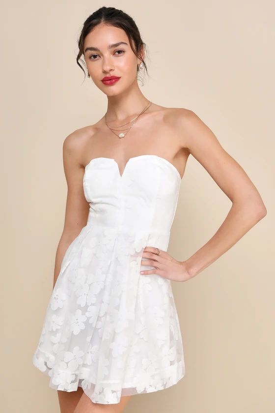 Distinctly Flirty White Floral Burnout Strapless Mini Dress | Lulus