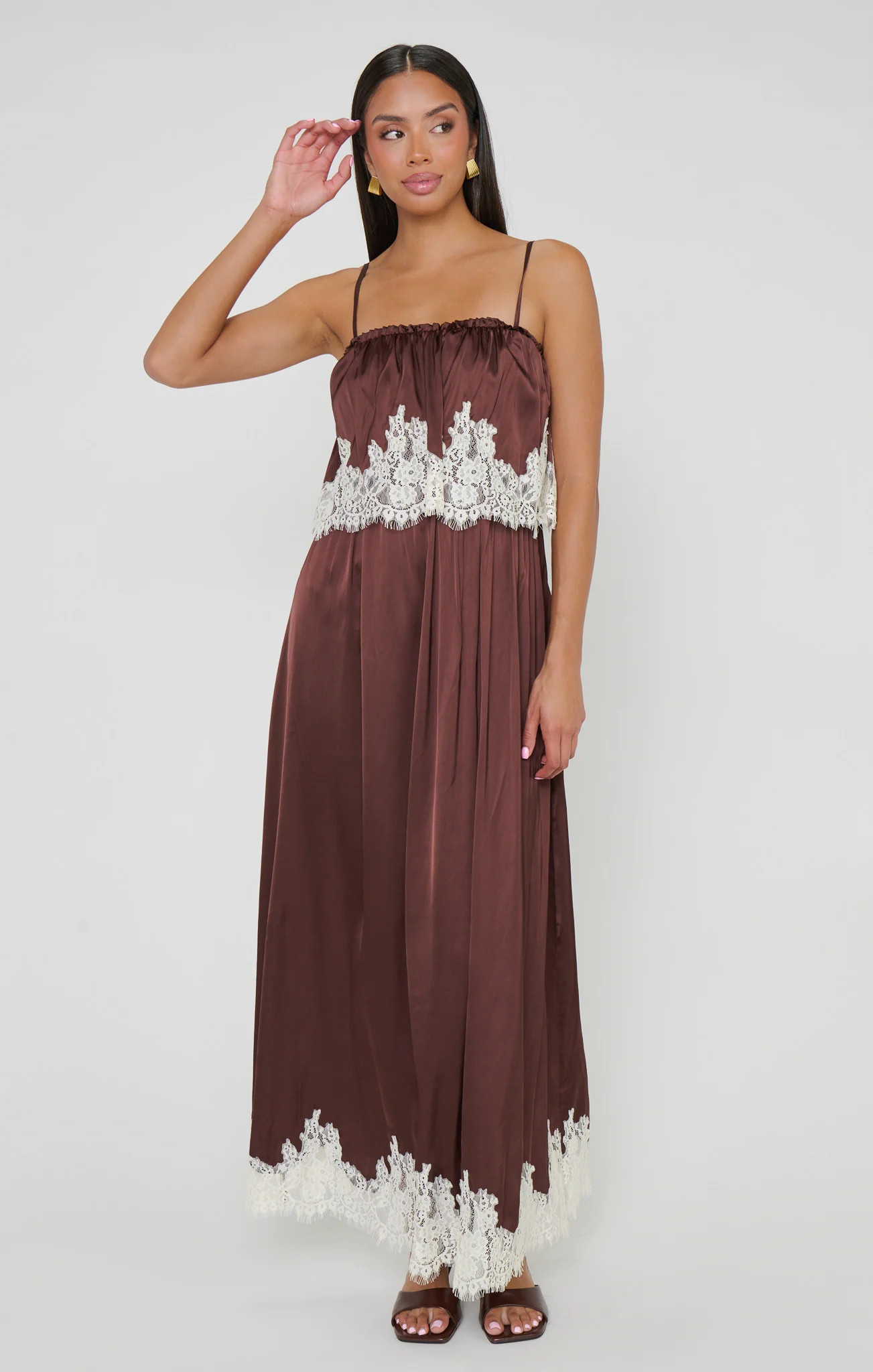 Emmylou Maxi Dress ~ Chocolate Satin with Lace Trim | Show Me Your Mumu