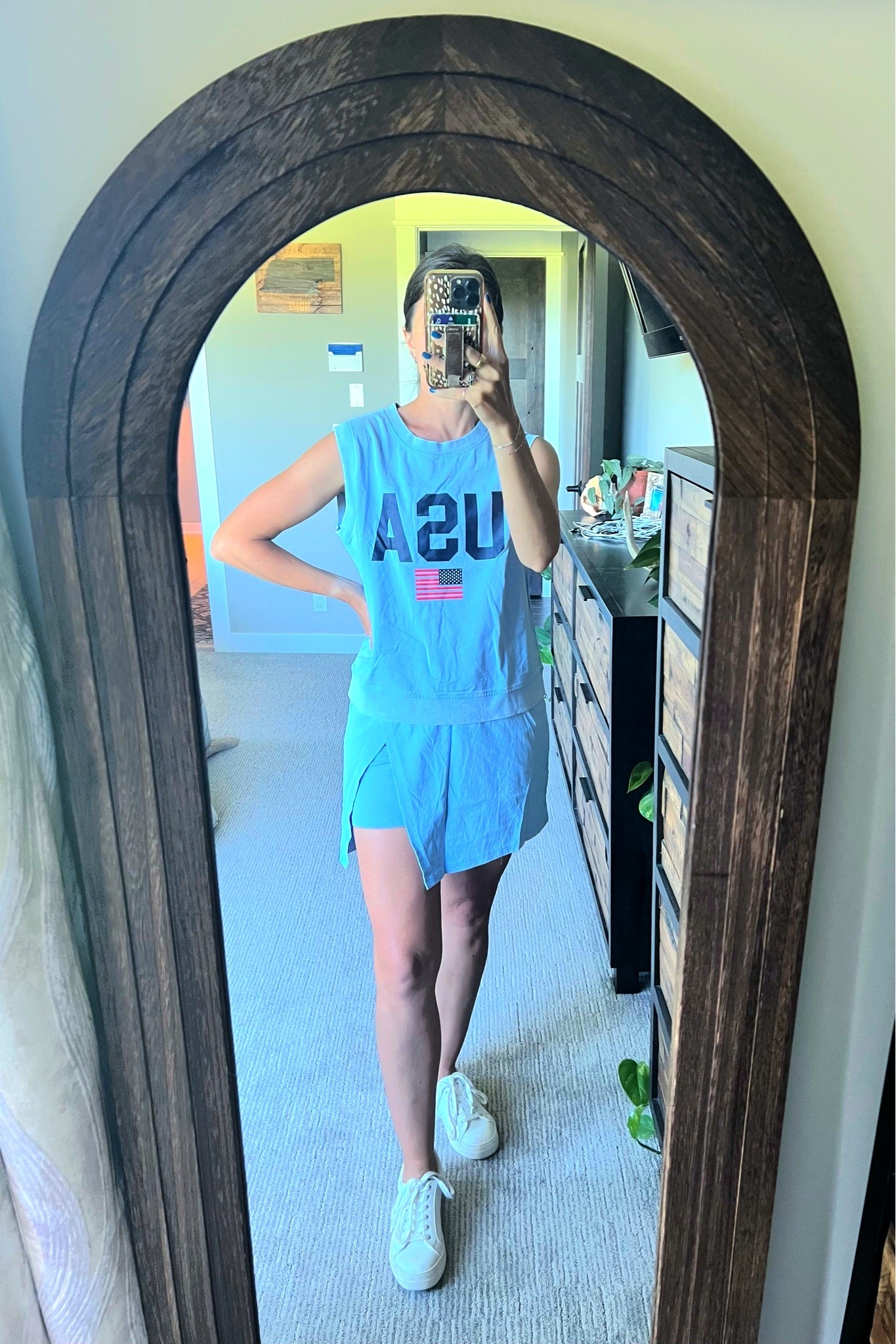 USA top with skort. So comfy. 

#usa #skort #matchingset

#LTKootd #LTKPetite #LTKOver40