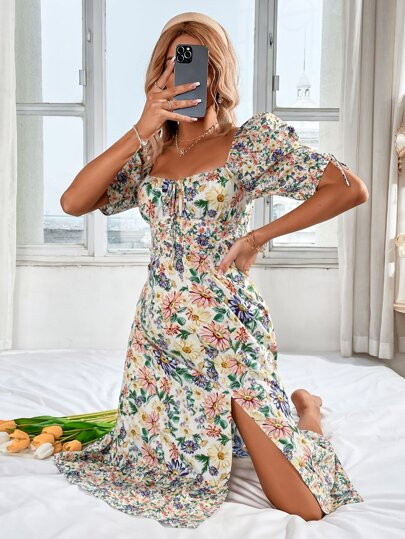 Floral Print Shirred Back Dress | SHEIN
