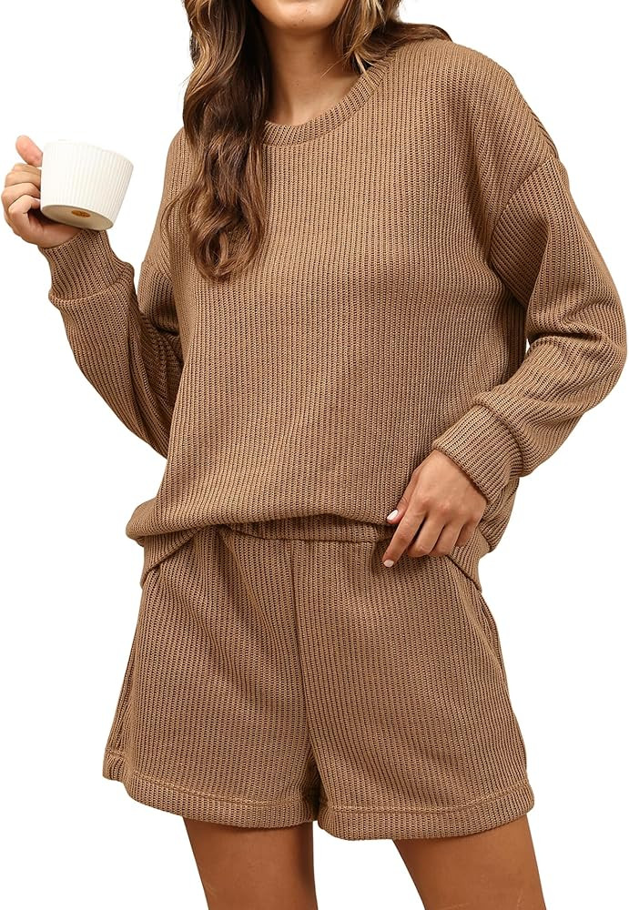 ZMJ Waffle Knit Pajamas for Women 2 Piece Sweatsuit with Pockets | Amazon (US)