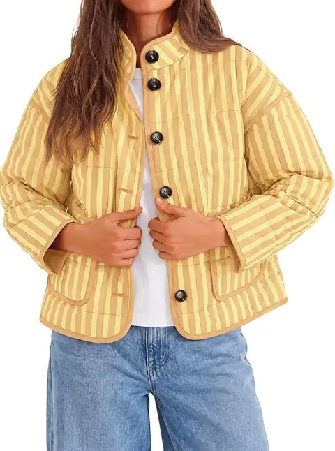 Tankaneo Womens Striped Quilted Jackets Lightweight Button Down Coats
