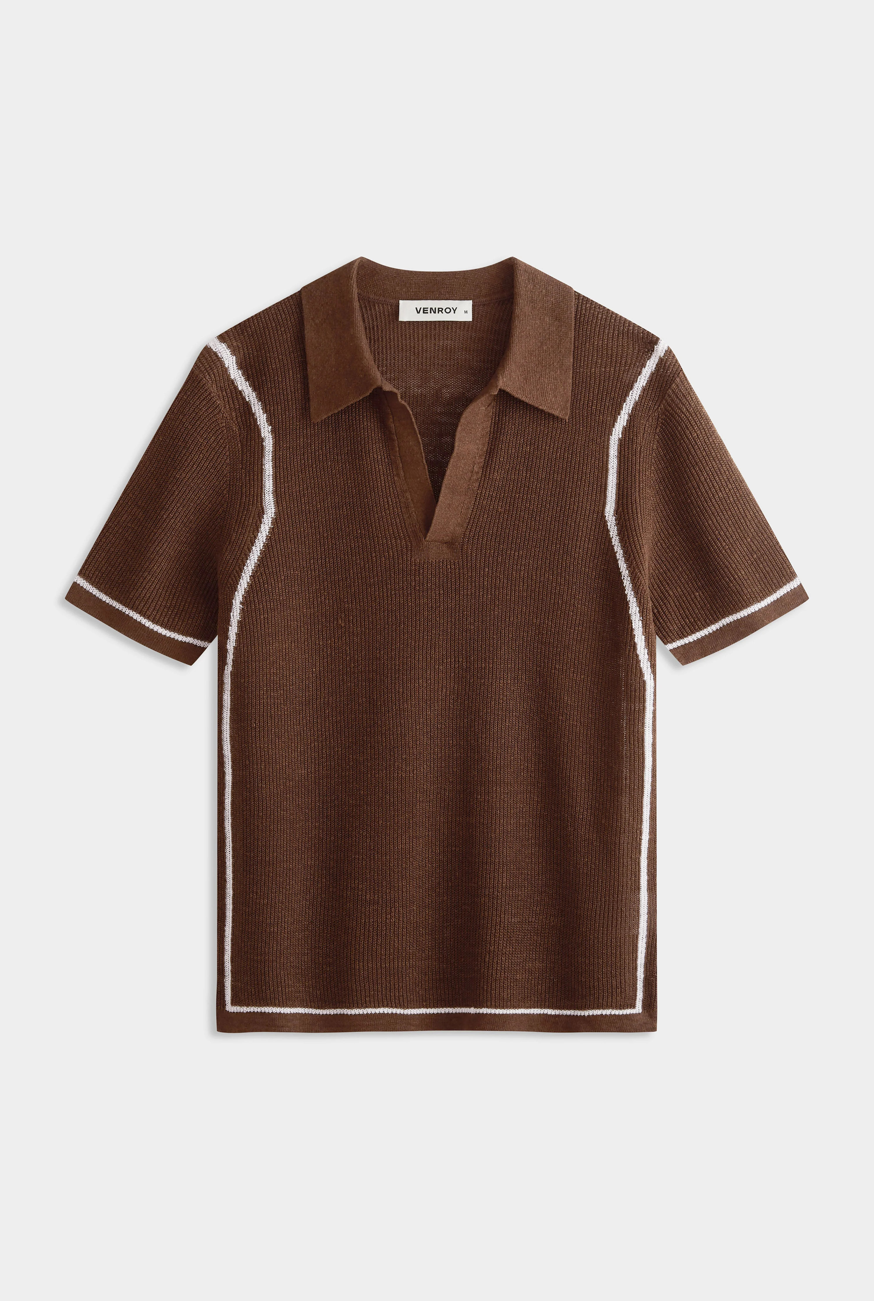 Mens Rib Knit Open Neck Polo Cocoa/Off White Border | Venroy | Venroy AU