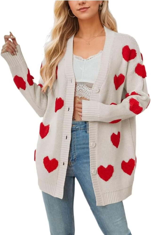Women Love Heart Graphic Oversized Sweaters Valentine Cute Cardigan Open Front Button Kawaii Prep... | Amazon (US)