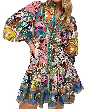 Women's Long Puff Sleeve Turtleneck Printed Button Bodycon Sexy Nightclub Party Blouse Dress | Amazon (US)