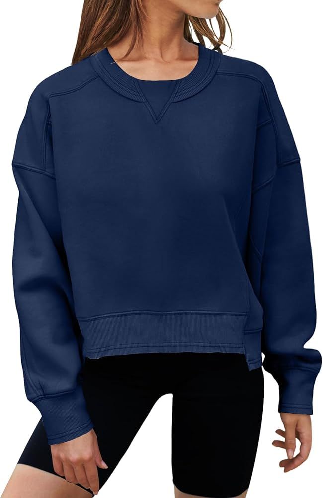 MEROKEETY Women's Oversized Cropped Sweatshirts Crewneck Fleece Workout Pullover Tops Fall Outfit... | Amazon (US)