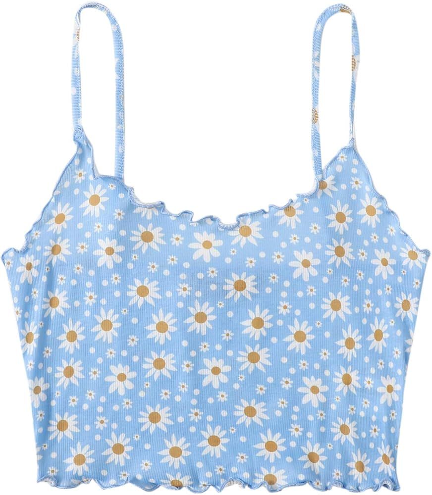 Milumia Women's Summer Daisy Floral Spaghetti Strap Ribbed Knit Cami Crop Top | Amazon (US)