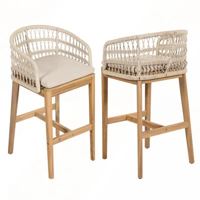 Outdoor Wood and Rope Barstool with Beige Cushion Set of 2 for Patio and Deck | Wayfair North America